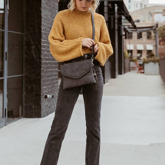 Cow Print Flapover Crossbody with Whipstitch and Tassel - Picture 3 of 3